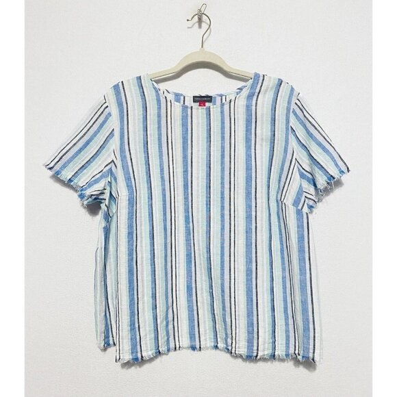 Vince Camuto Top Womens 1X Striped Frayed Hem Linen Blend Short Sleeve Boho - Picture 2 of 8